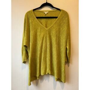 Eileen Fisher Linen Knit V Neck Tunic Sweater Chartreuse Green XL